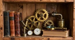 thrifted steampunk shelf decor