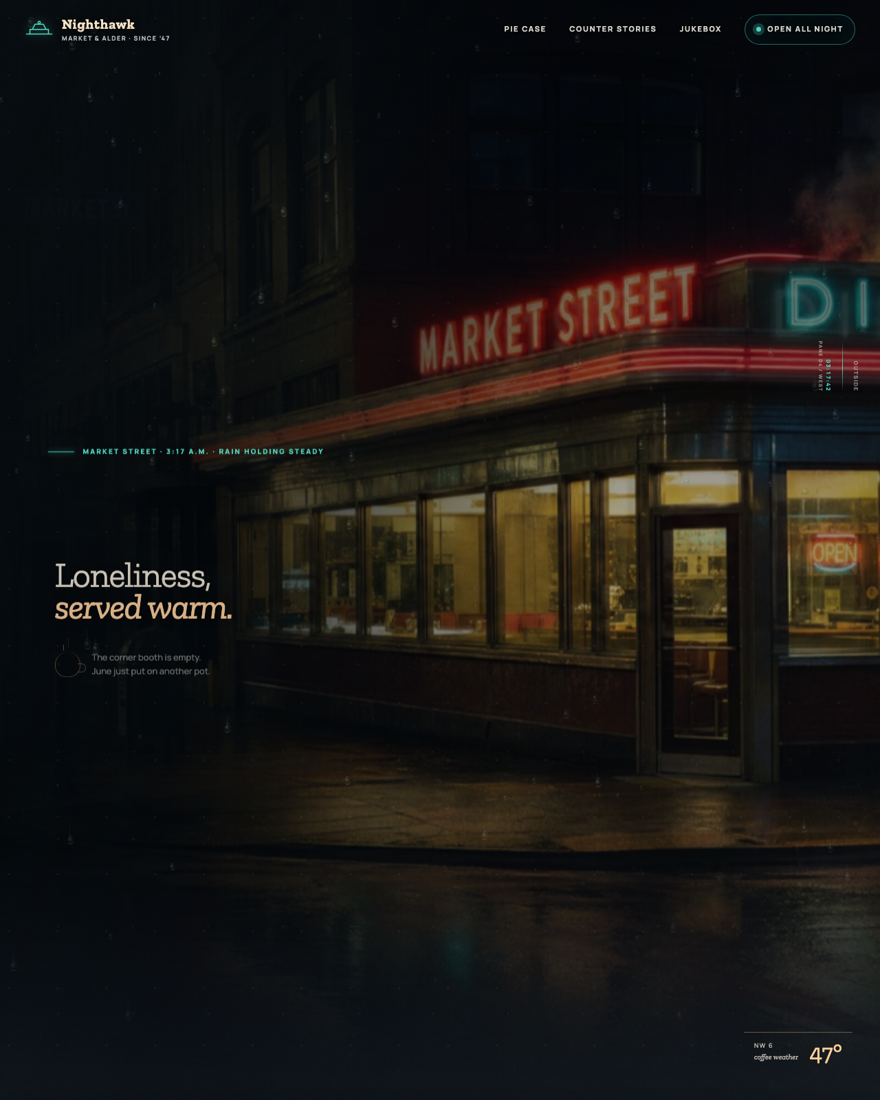Live view of The Nighthawk Diner — Market Street, after midnight
