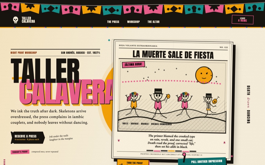 Taller Calavera — Death, Drawn Dancing — Modular SVG Composition (FABLE/175, room 92)